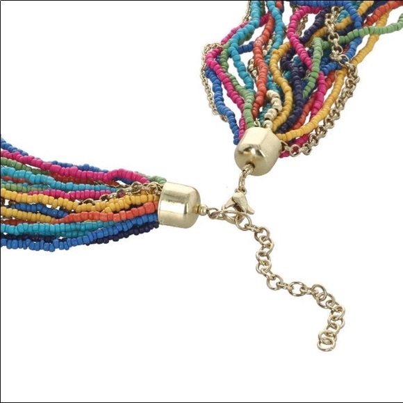 Multi Color Glass Seed & Multi Goldtone Chains Strand Boho Necklace 28" - Picture 12 of 12